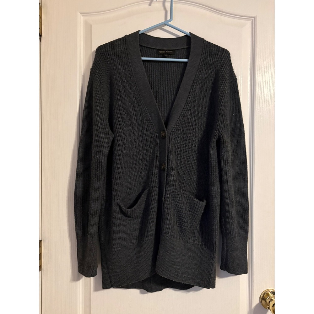 Banana Republic Cardigan Mens M Gray Excellent Washable Merino Wool Blend Ribbed